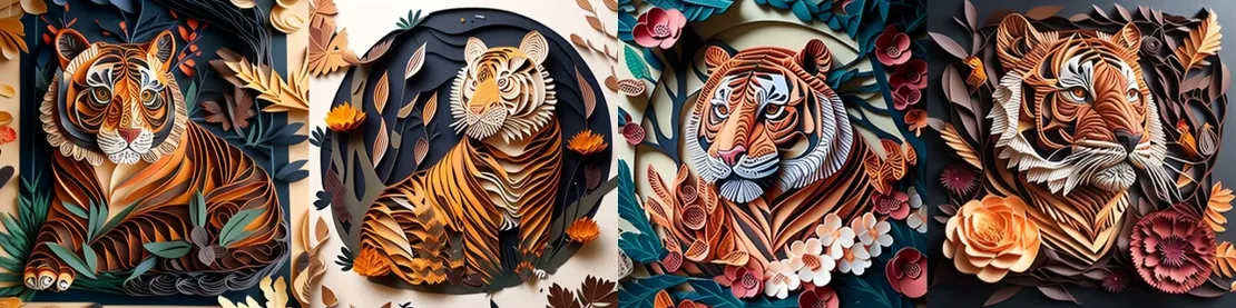 Запрос: Tiger with leaves and flowers, paper quilling