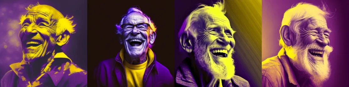 Запрос: Duotone portrait of a laughing old man, purple and yellow