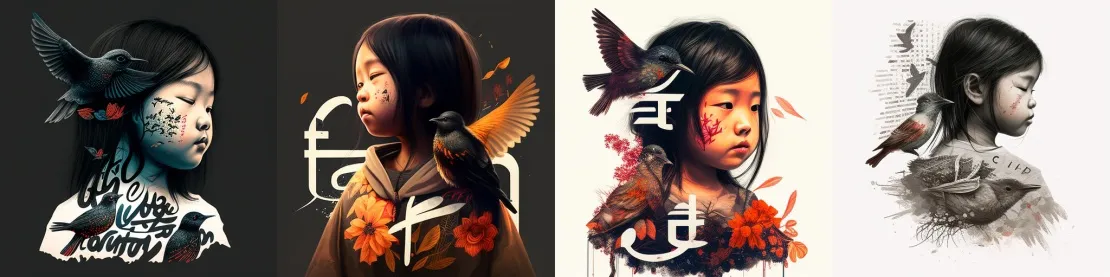Запрос: Typography art of an asian young girl with birds