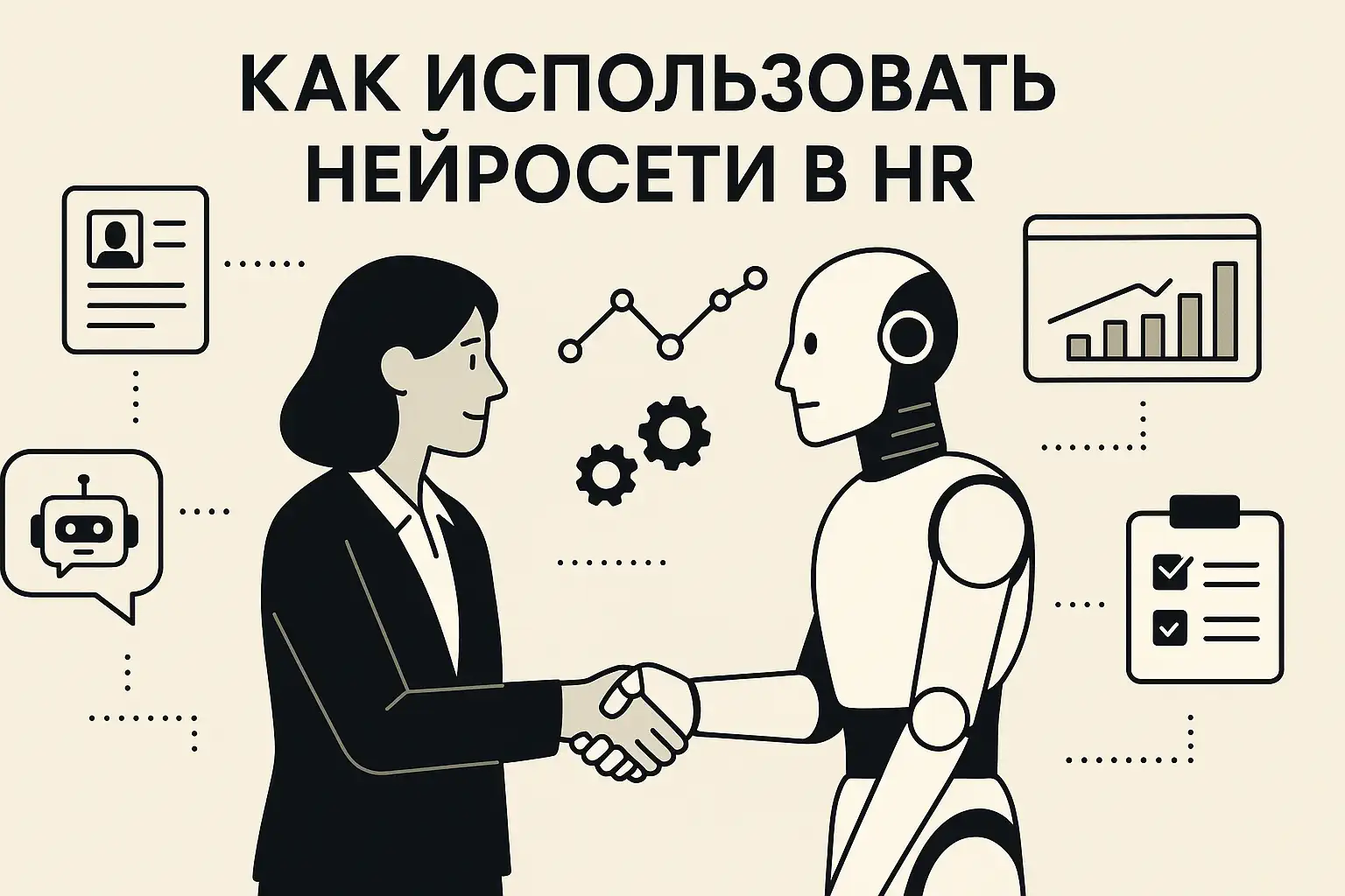 Минималистичная иллюстрация: HR-специалист (женщина в деловом костюме) пожимает руку гуманоидному роботу; вокруг размещены иконки досье, чат-бота, графика и чек-листа, сверху заголовок «Как использовать нейросети в HR»