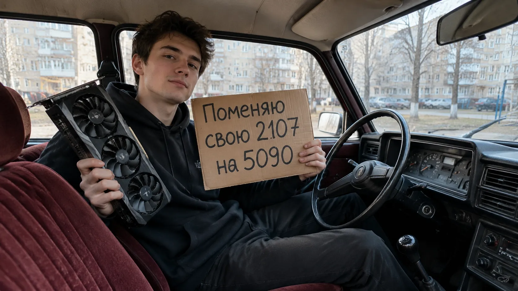 Парень в салоне ВАЗ-2107 держит видеокарту и картонную табличку «Поменяю свою 2107 на 5090»
