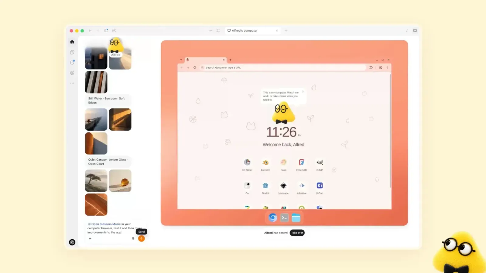 Интерфейс Dots: слева лента задач агента, справа его облачный компьютер с рабочим столом