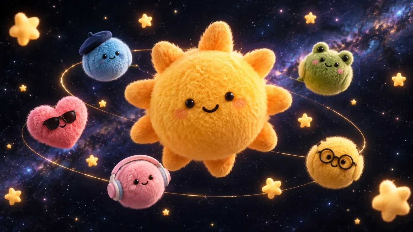 Плюшевое солнце GPT-6.1 Sol, вокруг которого по орбитам летают пять пушистых dots