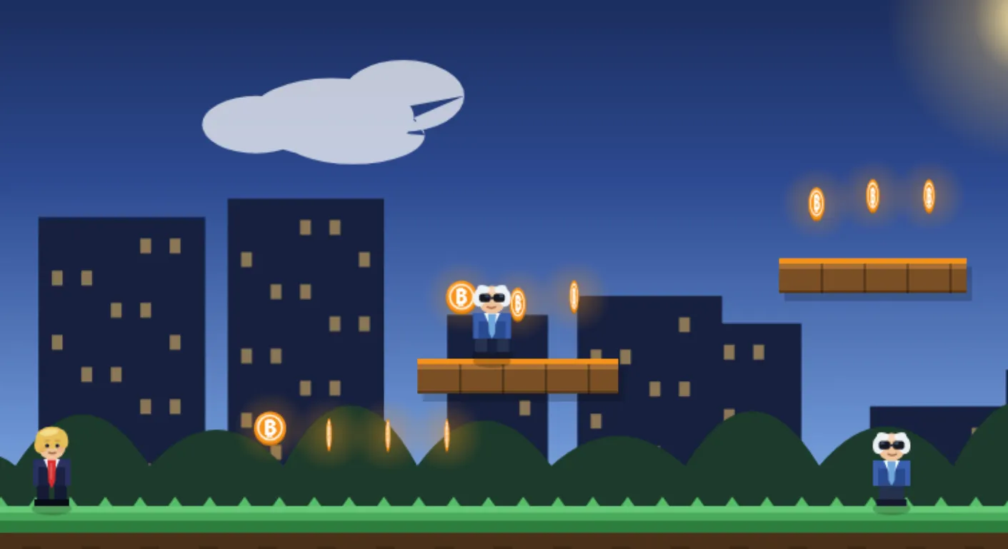 Скриншот браузерной платформенной игры, созданной по запросу к DeepSeek: персонаж, монеты-биткоины и противники на платформах.