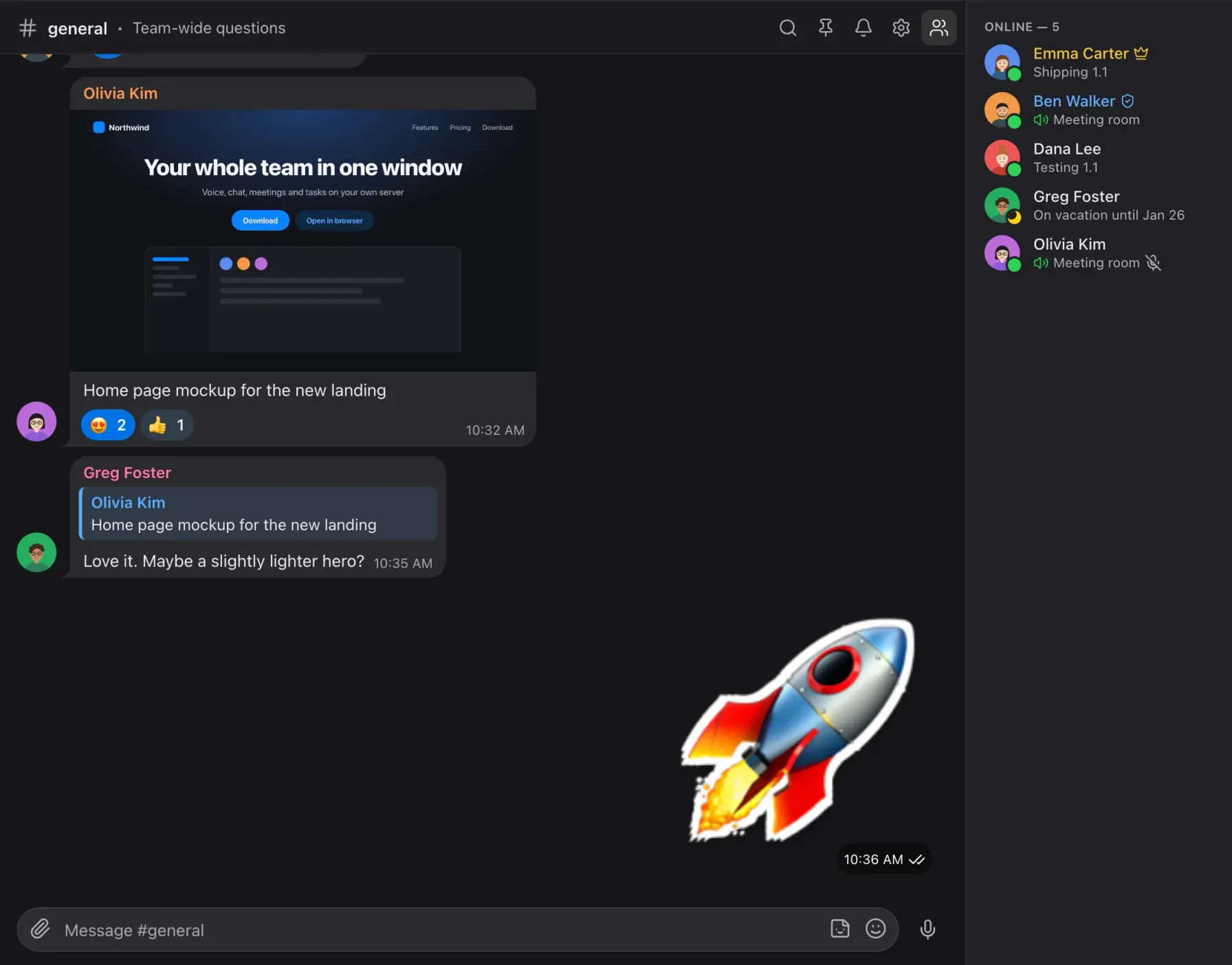 The “general” room in Calab: a mockup with reactions, a reply to it, a sticker and the members online