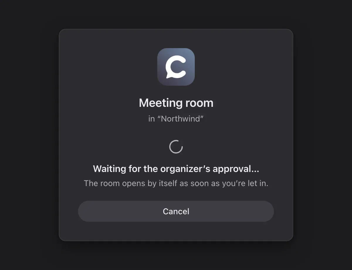 The guest’s screen in Calab: “Waiting for the organizer’s approval…” with the room name and a “Cancel” button