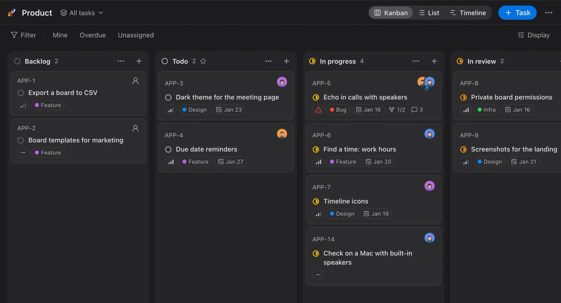 The “Product” board as a kanban: status columns with task cards, labels, due dates and assignees